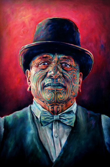 "Tame Iti" by Sofia Minson. 755 x 505mm. Oil on canvas. Original Sold.